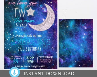 Love You TWO the Moon and back invitation, Girls Outer space Birthday invite, galaxy Second Birthday Invitation, Moon and Stars  Invitation