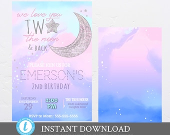 Love You TWO the Moon and back invitation, Girls Outer space Birthday invite, galaxy Second Birthday Invitation, Moon and Stars  Invitation