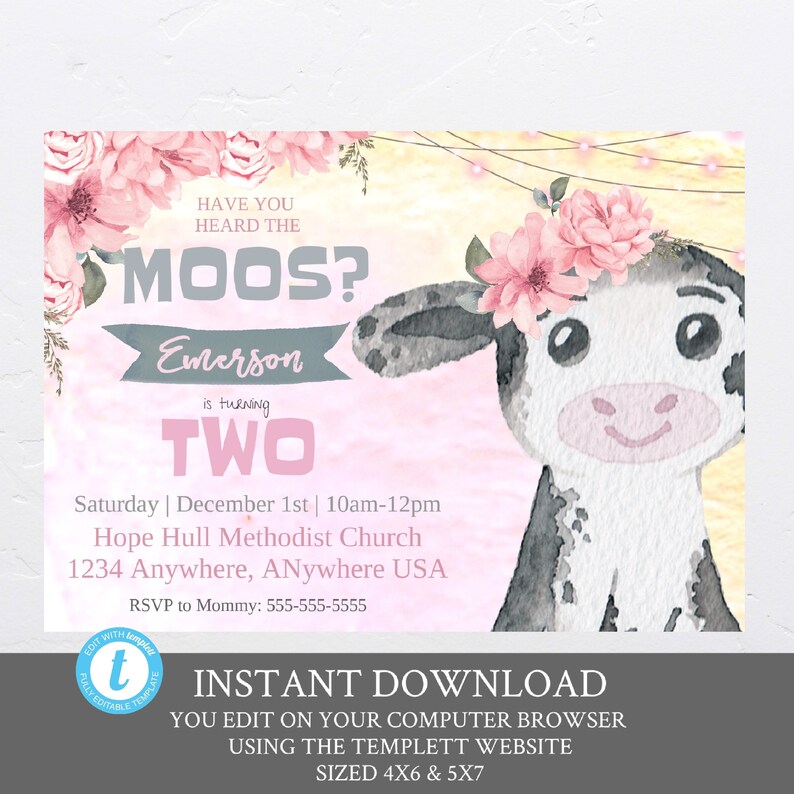 Baby Cow Invitations Barnyard Birthday Invitation Pink Pink Etsy