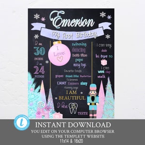 Nutcracker First Birthday Chalkboard Sign, Holiday Poster, Milestone, Sugar Plum Fairy 1st Birthday Any age. snowflake Digital chalkboard