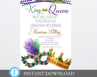 Mardi Gras Gender Reveal, Baby Shower Invite, Editable, Printable, Mardi Gras Invitation, King or Queen,  Green,Gold , Purple, DIY