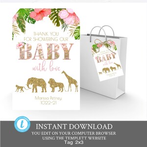 Safari Thank YOu favor Tag, Safari Jungle Baby Shower tag.  Printable Thank You Tags, Glitter Girl Baby SHower Tropical pink gold Blush zoo