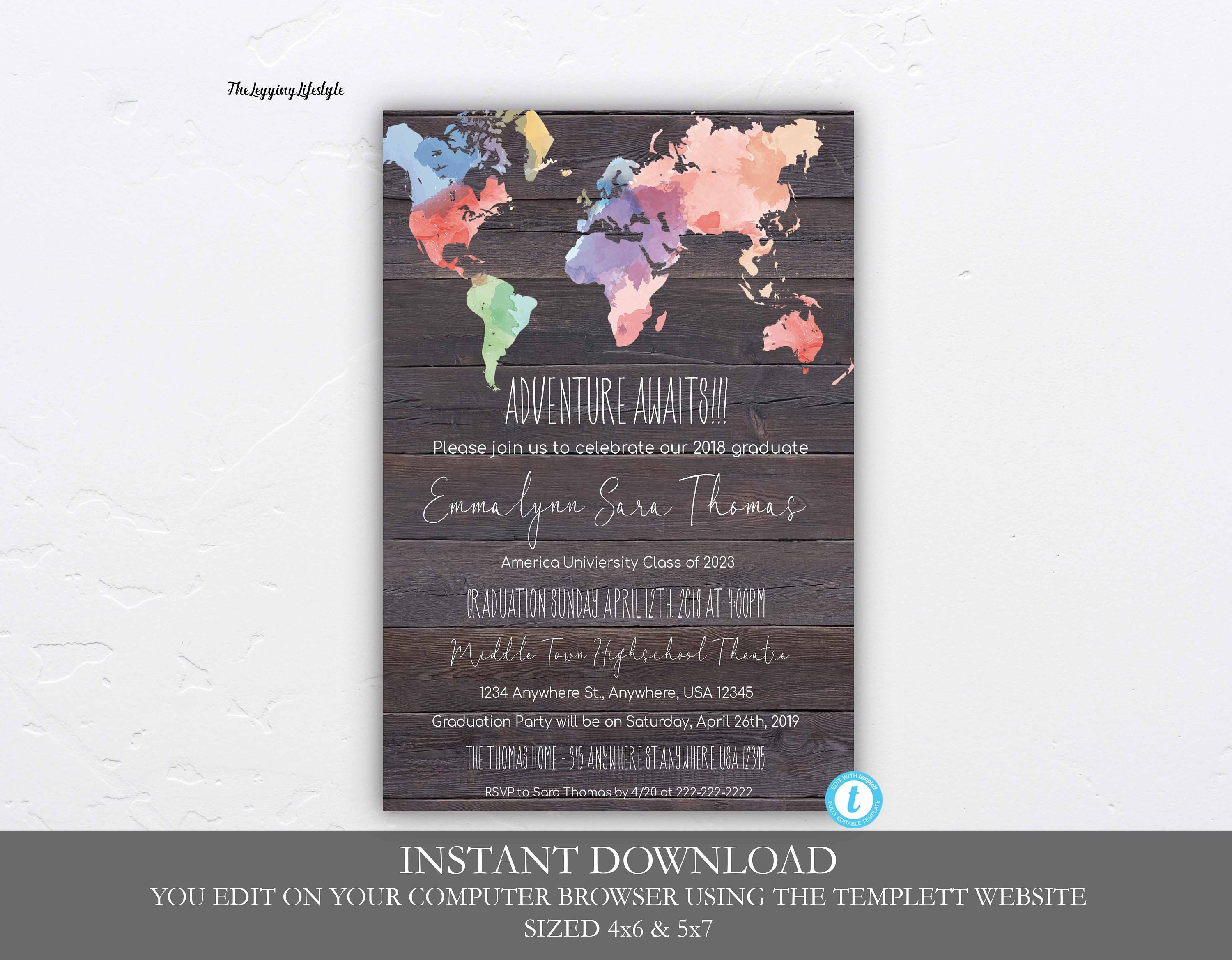 Adventure Awaits Graduation Invitation Template, Graduation, Instant Download, Edit, Rustic Editable, Class of, Senior, High school, College