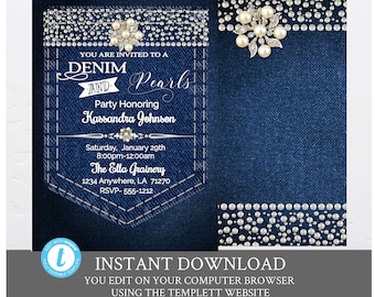 Denim and Pearls  Birthday Party Invitation, Elegant Women Invitation 30th 40th 50th 60th 70th 80th 90th, Blue Jeans Bling, Birthday invite