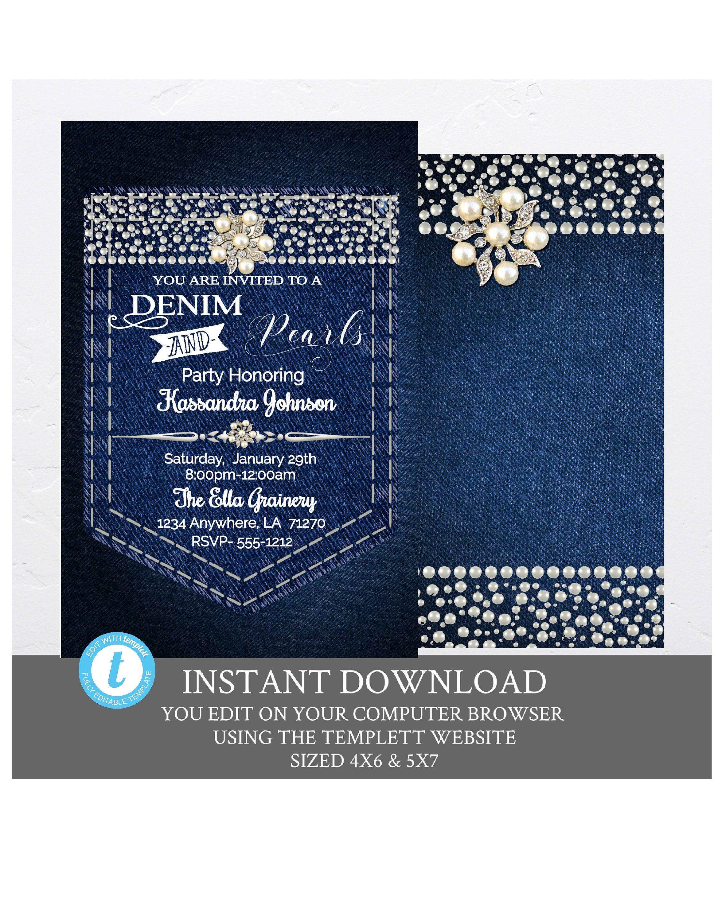 Denim and Pearls Birthday Party Invitation, Elegant Women