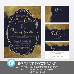 Navy and Gold Modern Wedding Invitation Set Template, Wedding Package, Watercolor, Blue and Gold Wedding, Editable, Invitation and inserts