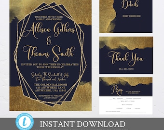 Navy and Gold Modern Wedding Invitation Set Template, Wedding Package, Watercolor, Blue and Gold Wedding, Editable, Invitation and inserts