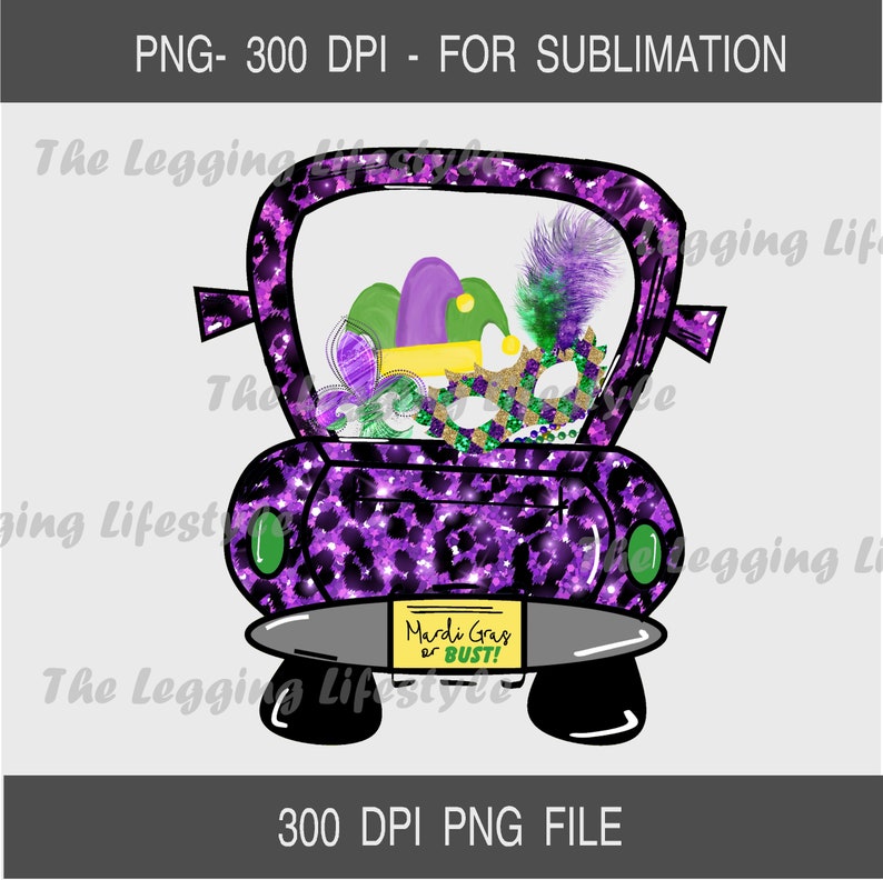 May include: A purple and black leopard print car with a Mardi Gras theme. The car is filled with Mardi Gras beads, feathers, and a purple, green, and gold jester hat. The license plate reads "Mardi Gras or Bust!"