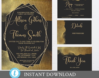 Black and Gold Modern Wedding Invitation Set Template, Wedding Package, Watercolor, Black and Gold Wedding, Editable, Invitation and inserts