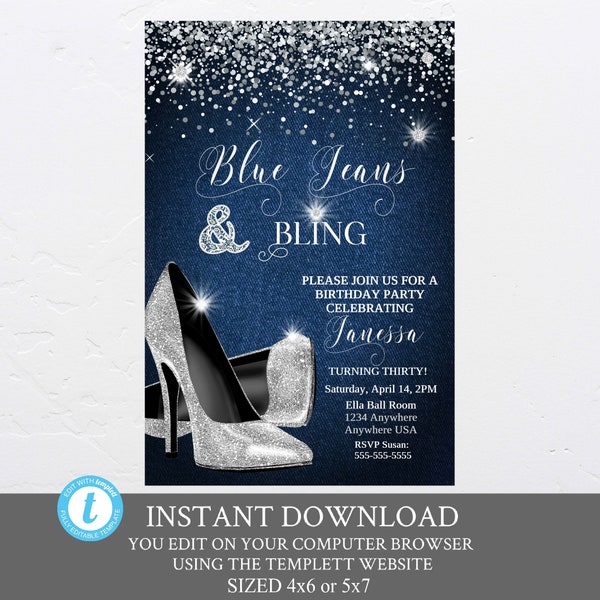 Blue jeans and Bling Birthday Party Invitation, Elegant Women Invitation 30th 40th 50th 60th 70th 80th 90th,Diamonds denim, Birthday invite