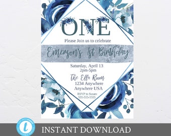 First Birthday Invitation, Dusty Blue Birthday Invitation, Watercolor Floral, First Birthday, Editable, Printable, Elegant Birthday ONE