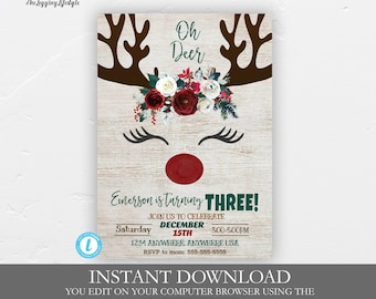 May include: A printable invitation for a child's third birthday party. The invitation features a cartoon reindeer with a red nose, antlers, and a floral wreath around its head. The text on the invitation reads "Oh Deer, Emerson is turning THREE!" and includes the date, time, and location of the party. The invitation also includes the text "Instant Download, You edit on your computer browser using the Templett website, Sized 4x6 & 5x7".