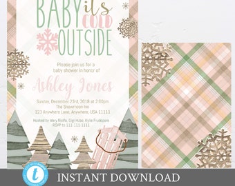 Winter Baby Shower Invitation, Editable Invitation, Printable Invitation, Baby it's Cold Outside,  Baby Shower Invitation, Pink, Plaid SLed