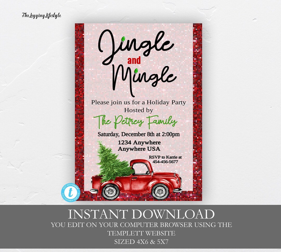 Glitter Jingle and Mingle Invitation Template, Red Glitter, Jingle and ...