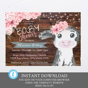 Baby Cow invitations, Rustic Barnyard Baby Shower Invitation pink, Baby Shower invite, Baby Shower, Pink Farm invitations,  Digital Download