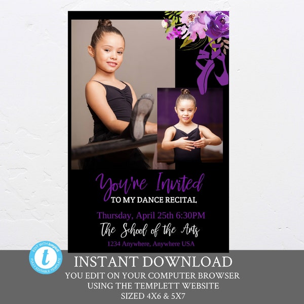 Dance Recital Invitation,  recital invite, High School pageant , Middle, Elementary or Pre-School use your browser to edit. Instant