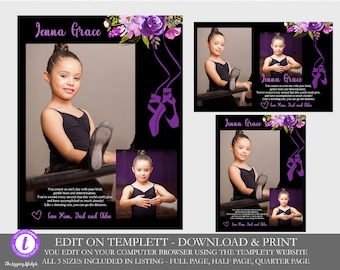 Dance Recital Program Ad, Yearbook ad  High School Senior Page, Middle, Elementary or Pre-School use your browser to edit. Instant 3 sizes