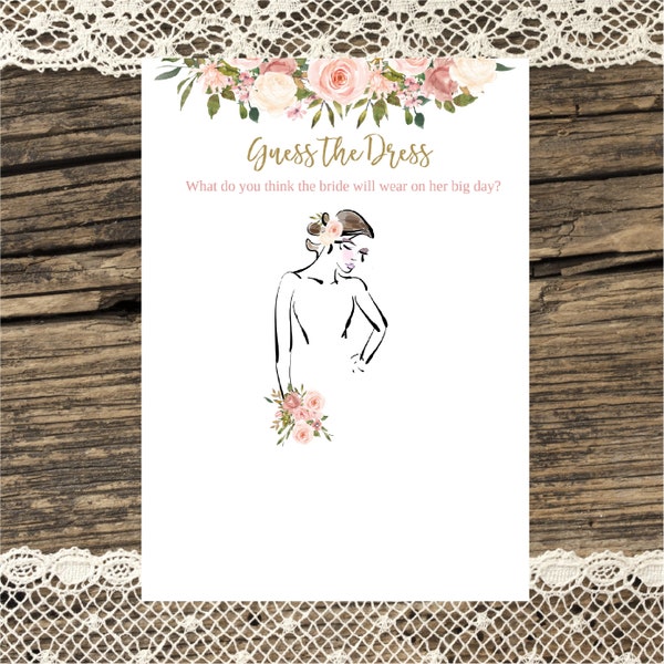 Bridal Shower Guess the Dress game, Peach Gold Floral, Guess the Bridal dress, printable, Wedding dress, Brunette brown hair, rustic Instant