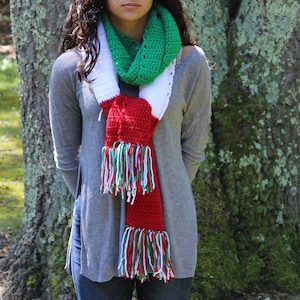 May include: A crocheted scarf with green, white, and red stripes and tassels. The scarf is worn by a person standing in front of a tree.
