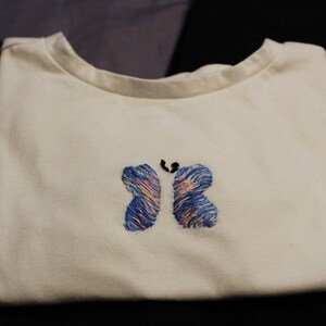 Embroidered Blue Butterfly White Crop Top - minimalist pattern design- simple crop top- gifts for her