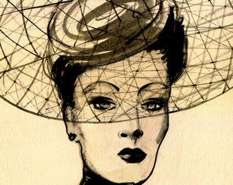 Prints From Original Illustration Fashion Art Print . Fashion Illustration. Fashion Wall Art. 40's Hat Fashion. Wall Art. Vintage Fashion