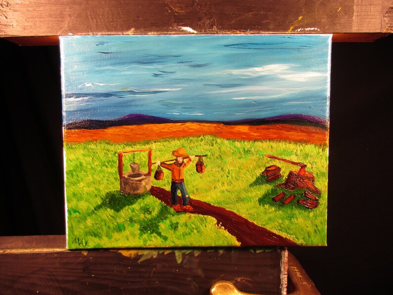 Solitary work, 10x8. art,original,custom,maxwellbrown,field,work,man,hat,mountains,grass,oil,painting,ax,firewood image 2