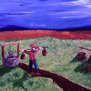 Solitary work, 10x8. art,original,custom,maxwellbrown,field,work,man,hat,mountains,grass,oil,painting,ax,firewood image 3