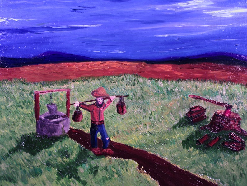 Solitary work, 10x8. art,original,custom,maxwellbrown,field,work,man,hat,mountains,grass,oil,painting,ax,firewood image 3