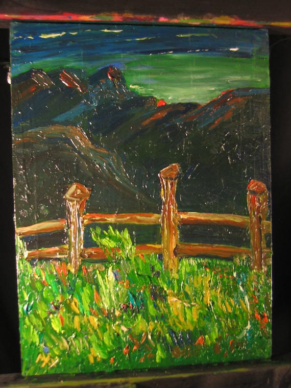 Red Sun, Fence, 16x12 ( Art,original,custom,oil,fence,impression,landscape,abstract)