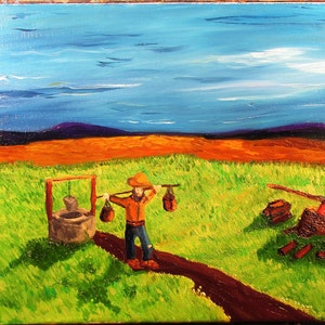 Solitary work, 10x8. art,original,custom,maxwellbrown,field,work,man,hat,mountains,grass,oil,painting,ax,firewood image 1