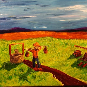 Solitary work, 10x8. art,original,custom,maxwellbrown,field,work,man,hat,mountains,grass,oil,painting,ax,firewood image 4