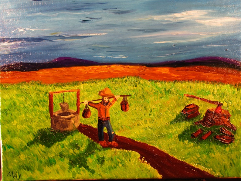 Solitary work, 10x8. art,original,custom,maxwellbrown,field,work,man,hat,mountains,grass,oil,painting,ax,firewood image 4