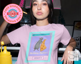 Maglietta Vaporwave Pizza Rat – Maglietta grafica kawaii a 8 bit