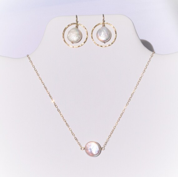 White Coin Pearl Necklace Earring Jewelry set, 14 kt Gold Fill