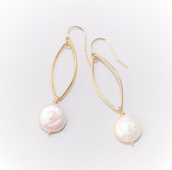 White Coin Pearl Marquise Hoops in 14 kt Gold-Fill