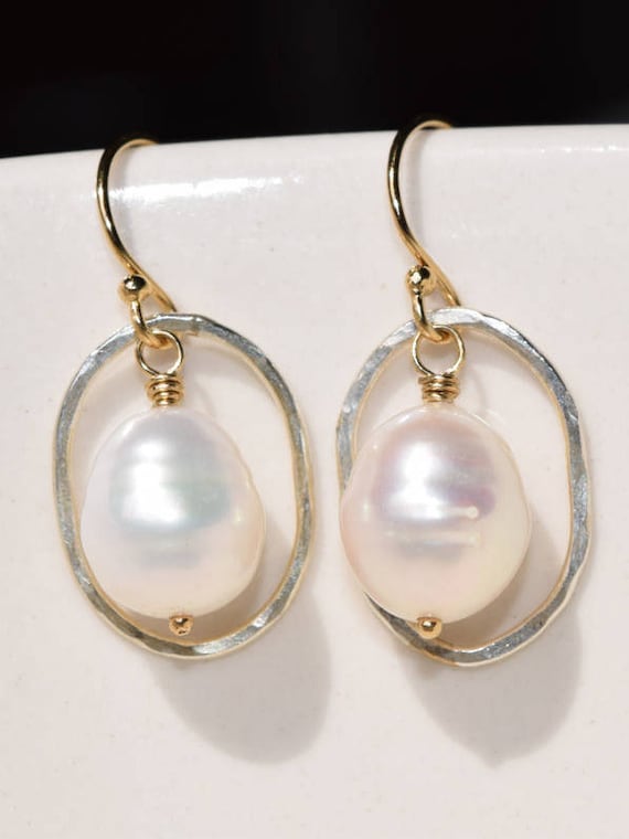 White Pearl Gold & Silver Earrings//Genuine natural white round freshwater pearls hang from Sterling Silver or gold-fill hand hammered rings