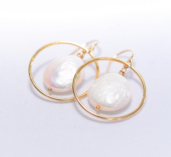 Gold Hoop Pearl Earrings // White coin pearls hang inside gold hoops, w matching necklace, all 14 kt gold-fill components