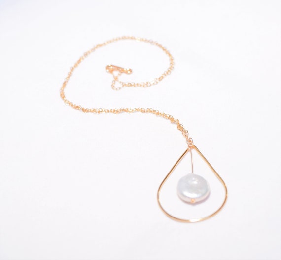 Pearl Teardrop Gold Pendant Necklace, Genuine natural white coin pearl, all 14 kt Gold Fill