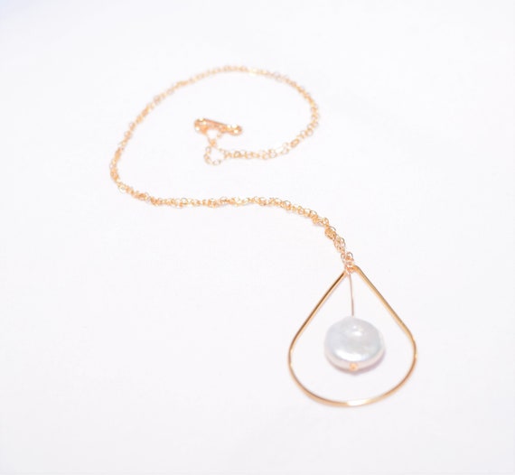 Pearl Teardrop Gold Pendant Necklace, Genuine natural white coin pearl, all 14 kt Gold Fill