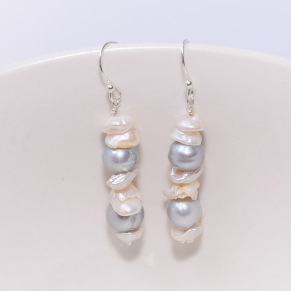 Grey& White Keshi Pearl Earrings // Handmade dangle earrings made with round grey tinted and natural white keshi pearls, all Sterling Silver
