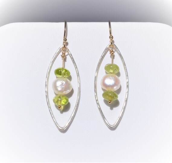 Peridot & Pearl Gold Silver Earrings//Genuine natural Peridot and white pearls hang inside hand-hammered Sterling Silver marquise hoops