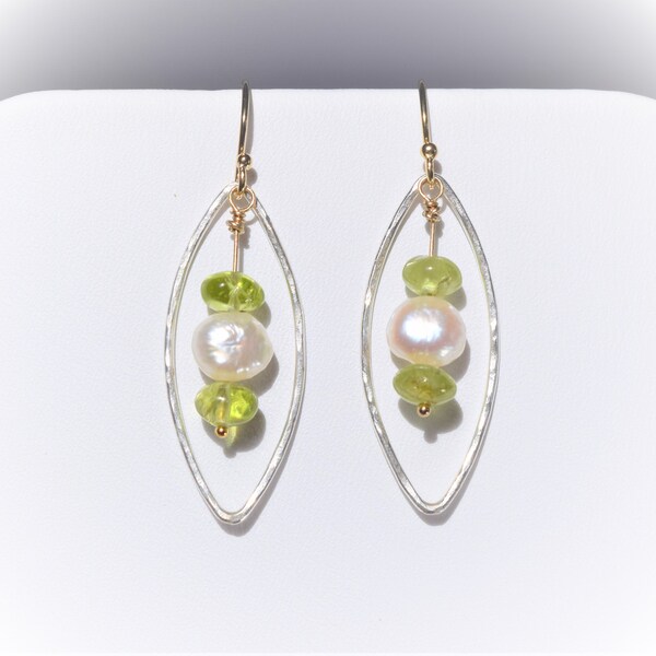 Peridot & Pearl Gold Silver Earrings//Genuine natural Peridot and white pearls hang inside hand-hammered Sterling Silver marquise hoops