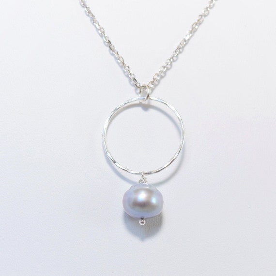 Silver Pearl Drop hand hammered necklace in Sterling Silver