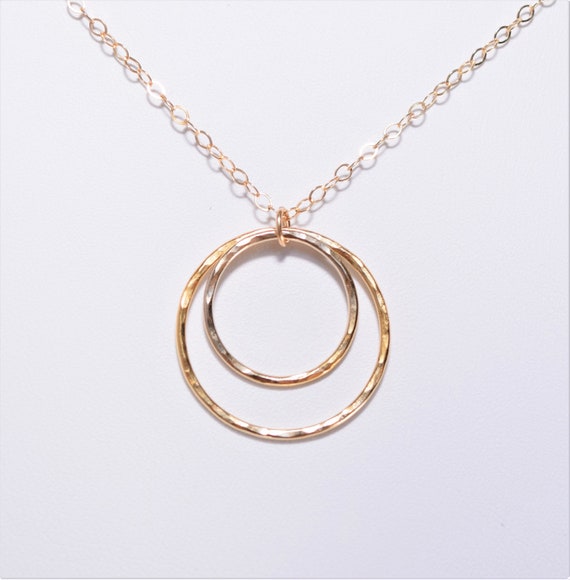 Gold Hammered Circle Necklace// Double circle pendant on fine cable chain, all 14 kt Gold-Fill