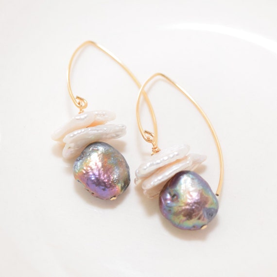 Keshi Rainbow Coin Pearl Drops on V shaped french ear wires in all 14 kt Gold-Fill or Sterling Silver