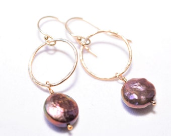 Gold Peacock Pearl Earrings hang from hand hammered hoops in 14 kt gold fill or Sterling Silver