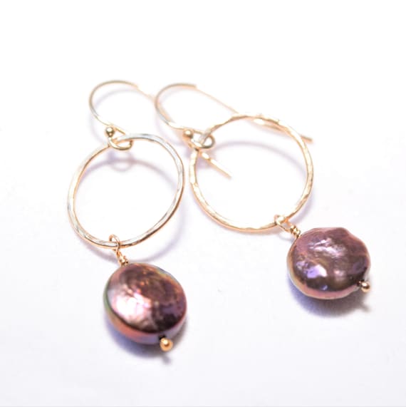 Gold Peacock Pearl Earrings hang from hand hammered hoops in 14 kt gold fill or Sterling Silver