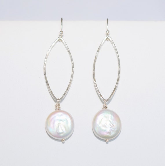 White Coin Pearl Hoops in Sterling Silver, hand hammered large marquise hoops
