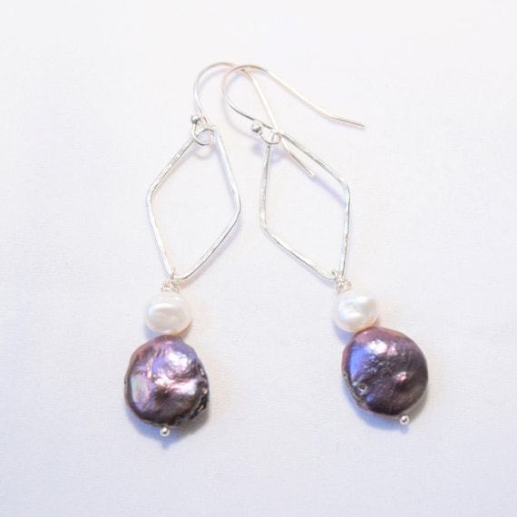 Purple Peacock Coin and White Pearl Earrings in Sterling Silver, hand hammered diamond shaped links.