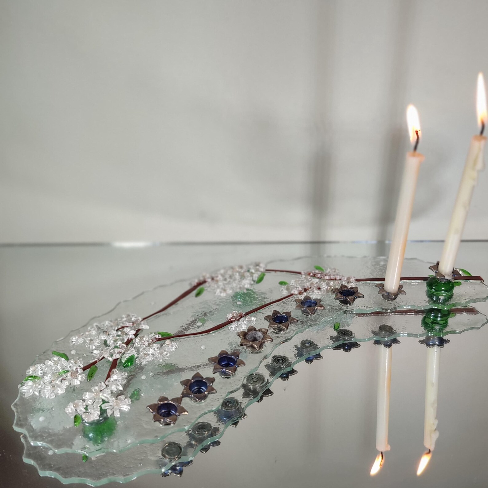 Elegant & Unique Handmade Fused Glass Almond Blossom -Themed Hannukah Menorah/ Hanukkiah